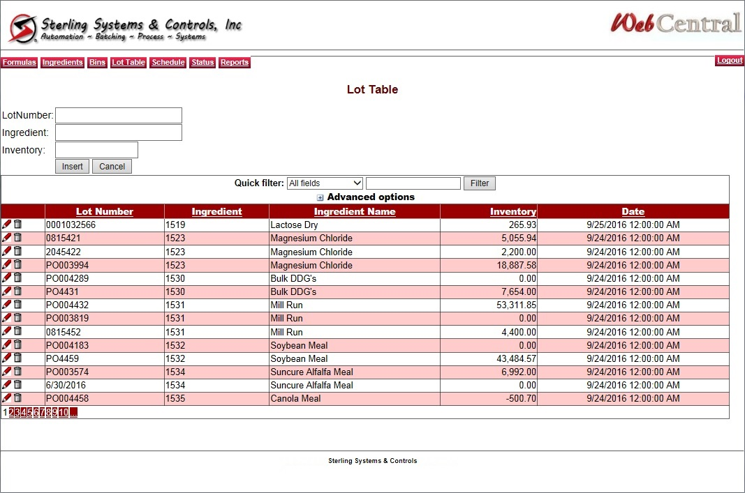 data table for ingredients in a batching control system.